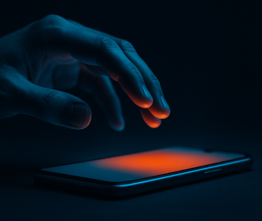 Hand über beleuchtetem Smartphone-Bildschirm in dunkler Umgebung