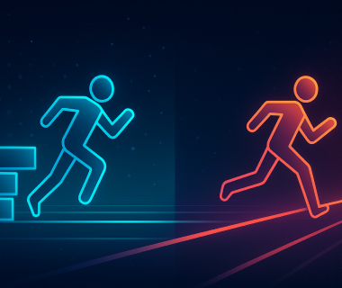 Zwei stilisierte Figuren in Bewegung - eine mit Hindernissen, eine auf freier Bahn, symbolisieren ungleiche Startbedingungen.