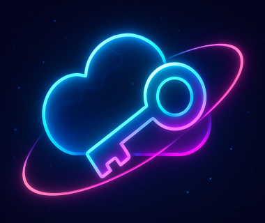 Leuchtendes Cloud-Symbol mit Schlüssel und Orbit in Neonfarben auf dunklem Hintergrund