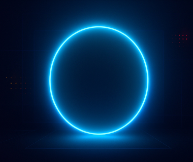 Leuchtender blauer Neon-Kreis auf dunklem Hintergrund als Symbol für Pause oder Auszeit