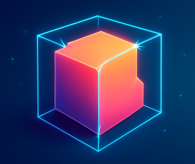 Leuchtender 3D-Würfel in einem transparenten Neon-Kubus auf dunklem Hintergrund