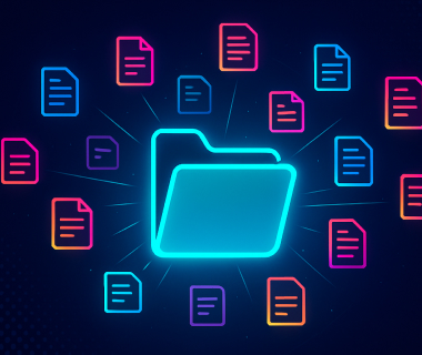 Leuchtender digitaler Ordner umgeben von schwebenden Dokumenten auf dunklem Hintergrund