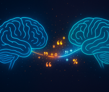 Zwei stilisierte leuchtende Gehirne, verbunden durch Zeichen und Symbole als Metapher für Wissensaustausch