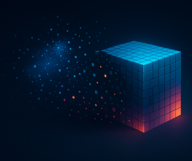 Visualisierung eines digitalen Datenwürfels mit leuchtenden Pixeln in dunkler Umgebung