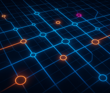 Leuchtendes digitales Netzwerk mit verbundenen Knotenpunkten auf dunklem Hintergrund.