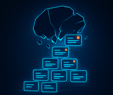 Leuchtende digitale Gehirnform über gestapelten Karten in futuristischem Design