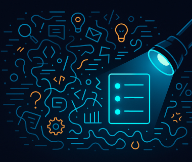 Illustration mit Taschenlampe, die eine Liste hervorhebt, umgeben von Symbolen für Ideen und Struktur.