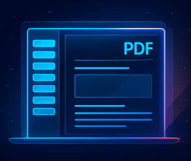 Neonillustration eines Laptops mit geöffnetem PDF-Fenster und leuchtenden Interface-Elementen.