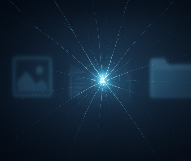 Zersprungene, leuchtende Glasstruktur vor dunklem Hintergrund mit unscharfen Datei-Symbolen.