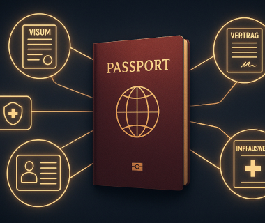Roter Reisepass im Zentrum, verbunden mit Icons für Visum, Vertrag, Versicherung und Impfpass