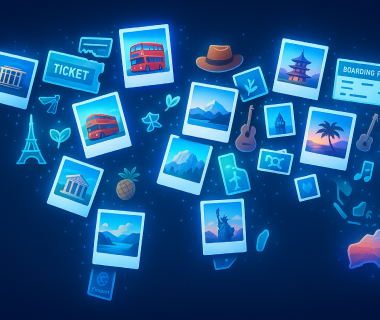 Weltkarte mit Reise-Icons wie Fotos, Tickets, Sehenswürdigkeiten und Symbolen für Schüleraustausch