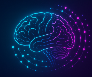 Leuchtende digitale Illustration eines Gehirns in Blau und Pink auf dunklem Hintergrund