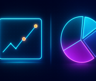 Leuchtende Diagramme: Liniendiagramm und Kreisdiagramm im Neonstil auf dunklem Hintergrund
