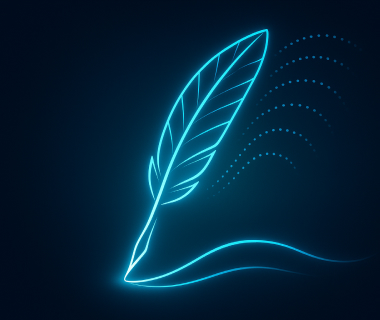 Leuchtend blaue Illustration einer Schreibfeder auf dunklem Hintergrund