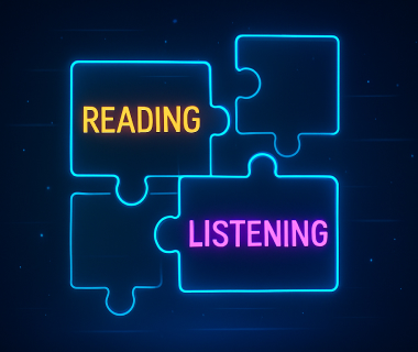 Leuchtende Puzzle-Teile mit den Wörtern 'Reading' und 'Listening' auf dunklem Hintergrund