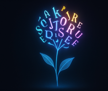 Leuchtende Buchstaben formen eine stilisierte Blume auf dunklem Hintergrund - Symbol für wachsendes Sprachwissen.