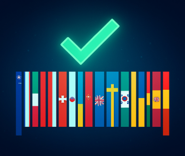 Illustration mit internationalen Flaggen und großem grünem Haken darüber