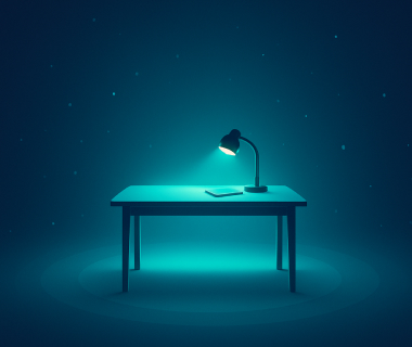 Minimalistischer Schreibtisch mit Lampe in ruhiger, dunkler Umgebung und Fokuslicht