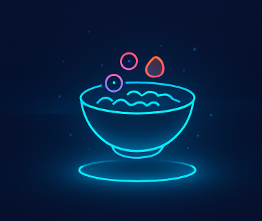 Leuchtende Illustration einer Schüssel mit schwebenden Zutaten auf dunklem Hintergrund