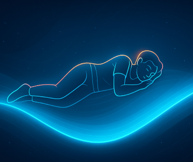 Illustration einer schlafenden Person in Seitenlage auf leuchtender Wellenlinie