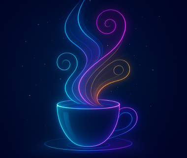 Neonfarbene Illustration einer dampfenden Tasse vor dunklem Hintergrund