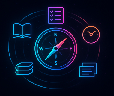 Neonfarbige Illustration mit Kompass und Symbolen für Lernen, Zeit und Organisation
