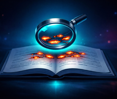 Leuchtende Wissenslücken unter einer Lupe über einem aufgeschlagenen Buch