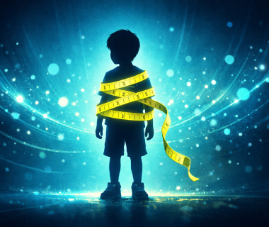 Silhouette eines Kindes, umwickelt von einem gelben Maßband vor leuchtendem, blauen Hintergrund