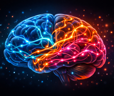 Visualisierung eines Gehirns mit leuchtenden Nervenbahnen in Blau und Orange auf dunklem Hintergrund