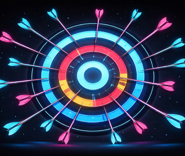 Bunte Zielscheibe mit zahlreichen Pfeilen, die gleichmäßig das Zentrum treffen
