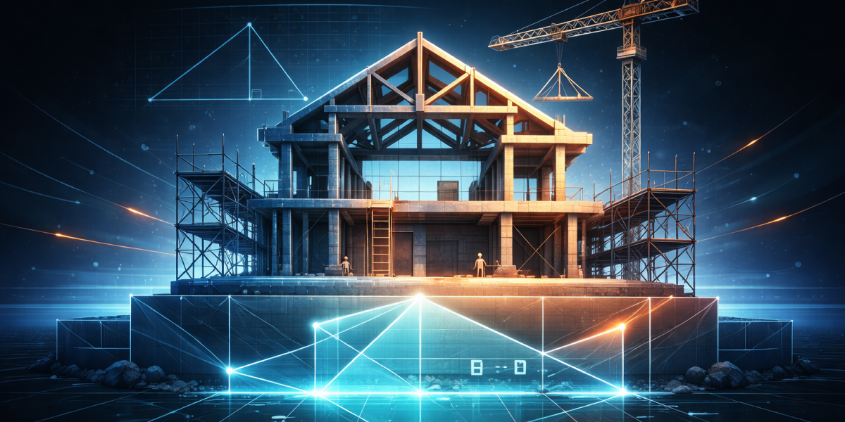Visualisierung eines im Bau befindlichen Hauses mit digitalen Geometrieelementen als Symbol für mathematisches Denken
