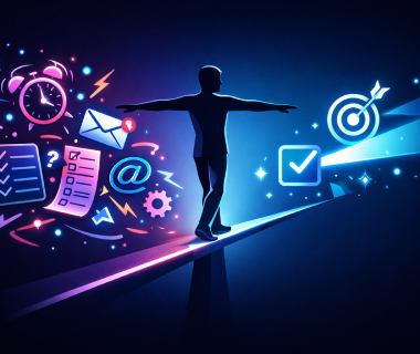 Silhouette balanciert zwischen Chaos aus Aufgaben und klarem Ziel als Symbol für Fokus und Produktivität