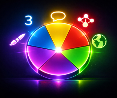 Leuchtendes, buntes Kreisdiagramm mit Symbolen für Sprache, Netzwerk, Weltkugel, Rakete und Zahl 3