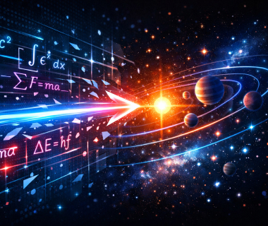 Illustration physikalischer Formeln, Lichtstrahl und Planetensystem im Universum