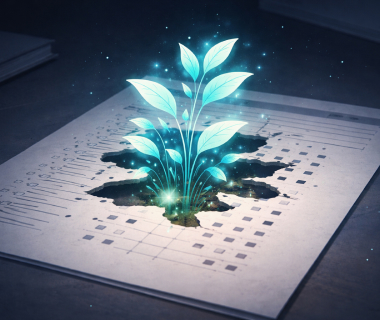Leuchtende Pflanze wächst durch ein aufgerissenes Zeugnisformular als Symbol für verborgene Lernfähigkeit