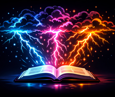 Offenes Buch mit farbigen Blitzen, die aus dunklen Wolken hervorschießen - Symbol für Lernstress