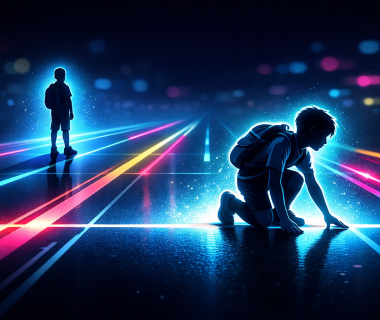 Zwei Schüler auf einer futuristischen, leuchtenden Bahn - einer startbereit, der andere abwartend im Hintergrund