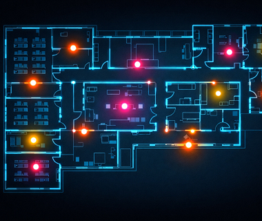 Digitaler Grundriss eines Schulgebäudes mit farbigen Markierungen für Entscheidungsbereiche