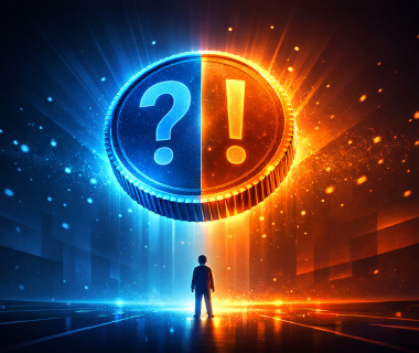 Mensch vor leuchtender Münze mit Frage- und Ausrufezeichen in Blau und Orange