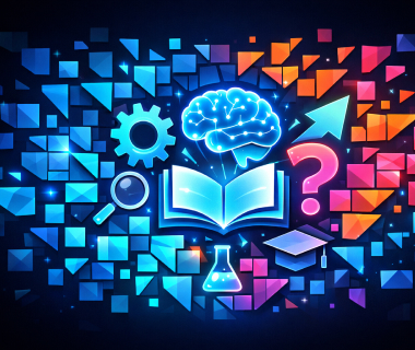 Illustration mit Gehirn, Buch, Fragezeichen und Lernsymbolen in leuchtenden Farben