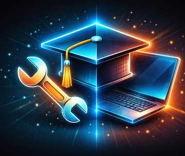 Illustration mit Laptop, Abschlusshut und Schraubenschlüssel als Symbole für Studium und Ausbildung