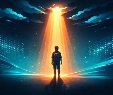 Ein Kind mit Rucksack steht im Lichtstrahl unter dramatischem Himmel - Sinnbild für Entscheidung und Neubeginn