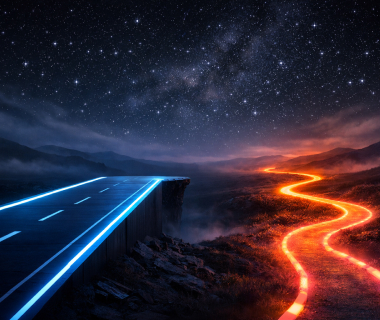 Zweiteiliger Weg bei Nacht: eine gerade blaue Straße endet abrupt, ein leuchtender roter Pfad windet sich weiter