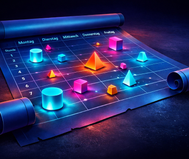 Leuchtende 3D-Formen auf einem Stundenplan, die Lernprozesse und Übergänge symbolisieren