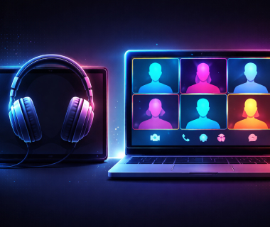 Leuchtende Kopfhörer vor Tablet und Laptop mit virtueller Konferenz in Neonfarben